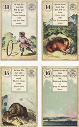 Saksankielinen versio Lenormandin ranskalaisesta cartomancy-paketista: Lapsi, Kettu, Karhu, Tähti, julkaisija Dondorf, Frankfurt, 1800-luku