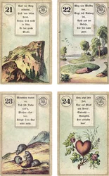 Saksankielinen versio Lenormand-ranskalaisesta cartomancy-paketista: Vuori, Tie, Hiiret, Sydän, julkaisija Dondorf, Frankfurt, 1800-luku