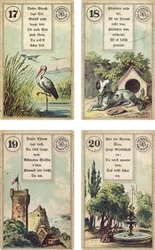 Ranskalaisen Lenormand-ennustuskorttipakan saksalainen painos: Haikara, koira, torni, puutarha, julkaisija Dondorf, Frankfurt, 1800-luku