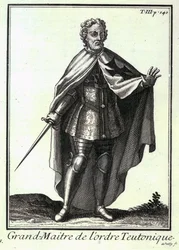 Saksalaisen ritarikunnan suurmestari, kuvitus teoksesta "Histoire des Ordres Religieux, Monastiques et Militaires", kirjoittanut P. Helyot, pub. Pariisi, 1714-21