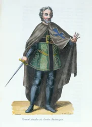 Saksalaisen ritarikunnan suurmestari, Pierre Helyotin (1660-1716) kuvitus Histoire et Costumes des Ordres Monastiquesista, 1842