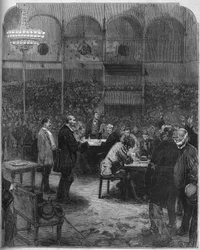 Greve des cochers de charres de Paris vuonna 1878: edustajien valinta Petites Cars (Petite-Cars) -yritykseen Fernando-sirkuksessa. Kaiverrus "" Le Monde Illustré" -julkaisussa nro 1116, 17. elokuuta 1878.