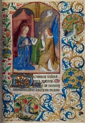 H/L-3-3 fol. 26r The Annunciation, kirjasta Tuntikirja, Pariisin käyttö, 1400-luvun puoliväli