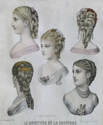 Kampaukset, kuvitus Le Moniteur de la Coiffuresta, 10. joulukuuta 1879 (värikaiverrus)