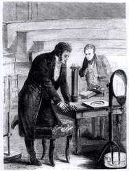 Hans Christian Oersted (1777-1851) havaitsi magneettisen neulan poikkeaman suljetun virran vaikutuksesta vuonna 1820 Louis Figuierin (1819-94) 1867 Les Merveilles de la Sciencesta.