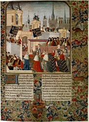 Harley 4379 f.3 Kuningatar Isabellan, Edward II:n (1284-1327) vieraantunut puolison, saapuminen Pariisiin vuonna 1325, jonka Jean Froissart (n. 1333-1404) teloitti historioitsija Philippe de Cominesille (1445-1509) ( silopaperi)