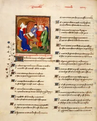 Harley 4431, osa II, f.259v Miniatyyri naisesta lukemassa moraalisia sananlaskuja "Proverbes moraux" -kirjan alussa, "The Book of the Queen", kirjoittaja Christine de Pizan, n. 1410-1414 (muste, väri ja kulta velumilla)