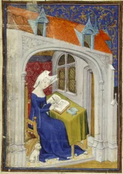 Harley MS 4431 f.004r Yksityiskohta Christine de Pizanin pienoismallista hänen työhuoneessaan "Cent balades" -kirjan alussa, n. 1410-1414 (muste ja väri pergamentilla)