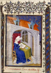 Harley MS 4431 f.004r Yksityiskohta Christine de Pizanin pienoismallista hänen työhuoneessaan "Cent balades" -kirjan alussa, n. 1410-1414 (muste ja väri pergamentilla)