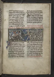 Harley MS 4979 f.72r Alexander taistelee miehiä vastaan, joilla on hevospäät, 
