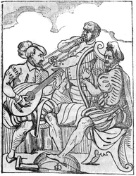 Harpun ja luutun soittajat (Cythara ja Testudo) 1500-luvulla. "" Maalauksellisessa kaupassa"" 1836