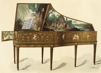 Groteskeilla koristeltu cembalo, kuvitus Dictionary of Furniture and Decoration -sanakirjasta, kirjoittanut Henry Havard, osa I