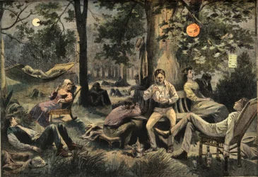 Lämpöä New Yorkissa: asukkaat leiriytyivät puistoissa, sanomalehti "Le Petit Parisien", 26.7.1908 (kaiverrus)