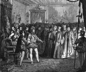 Henri IV ennen Rouenin kuuluisaa kokousta. Teoksessa "" Histoire Populaire de la France"", sd. noin 1885. Kaiverrus.