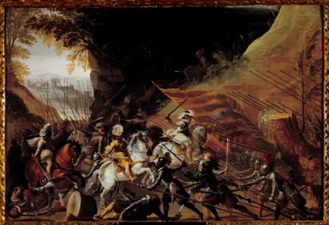 Henrik IV (1589-1610) lastaamassa ratsuväkensä kärjessä. Anonyymi ranskalainen maalaus 1600-luvulta. Öljy puulle. Koko: 0,35 x 0,52 m. Pau, Musee du Chateau