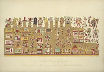 Hieroglyfimaalauksia meksikolaisesta käsikirjoituksesta II, säilytetty Wienin keisarillisessa kirjastossa, kuvitus Alexander von H:n kohdasta Näkymät Cordilleraille ja Amerikan alkuperäiskansojen monumenteille