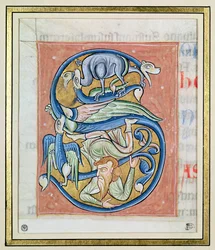 Historiallinen S-kirjain, jossa on akrobaattia ja fantastisia eläimiä, Saint-Andre aux-Bois