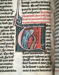 Historiallinen alkukirja, joka kuvaa miestä oksentelemassa (vellum)