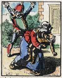 Tri Pulcinellan (Polichinelle) historia. Puukaiverrus Imaging Pellerin - Epinal, sd. 1800-luvun loppu.