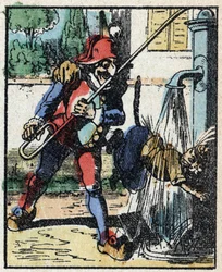 Tri Pulcinellan (Polichinelle) historia. Puukaiverrus Imaging Pellerin - Epinal, sd. 1800-luvun loppu.