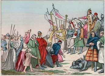 Gallian historia keskiajalla: germaaniset saksit polvistuvat sotien voittajan, kuningas Kaarle Suuren (742-814), edessä - Kaiverrus 1800-luvun lopulta teoksessa "Kansallinen kunniamme - Kuvia ja kertomuksia"