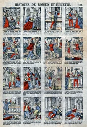 Romeon ja Julian historia William Shakespearen näytelmän jälkeen (1564-1616). Epinaalikuvaus 1800-luvun lopulta.