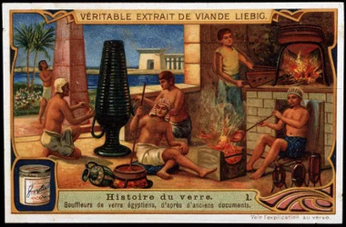 Lasin historia: Egyptiläiset lasinpuhaltimet, muinaisten asiakirjojen perusteella. Liebig Kromolitografia