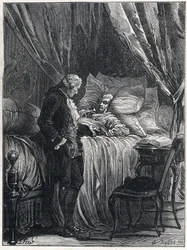 Honore Gabriel (Honore-Gabriel) Riqueti, Mirabeaun kreivi (1749-1791) kuolinvuoteellaan lääkärinsä Georges Cabanisin (1757-1808) kanssa vuonna 1791.