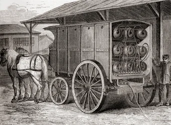 Hevosvetoinen ajoneuvo, jota käytettiin painekaasun kuljettamiseen kannettavissa säiliöissä 1800-luvulla, Les Merveilles de la Science, julkaistu n. 1870 (kaiverrus)