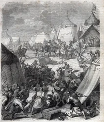 Satavuotinen sota: Poitiersin taistelu (1356). Kaiverrus "" Paavien historiaan (...) Kuningatarkuninkaan ja keisarien rikokset vuosisatojen ajan" Maurice Lachatre