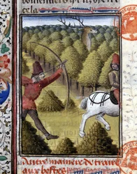 Metsästyskohtaus kirjassa The Hunting Book of Gaston Phoebus, Foixin kreivi, Béarnin herra. 1300-luvulla