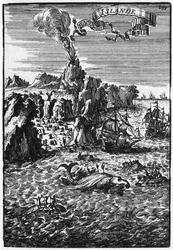 Islanti ja valaankalastus, kuva Alain Manesson Malletin (1630-1706) julkaisusta Description de l
