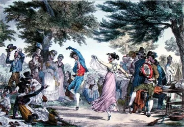 "Il Salterello", suosittu italialainen tanssi, Villainin kaivertama (värilitho)
