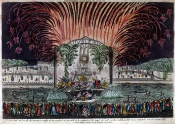 Valaistus ja ilotulitus Pariisin Place Louis XV -aukiolla rauhan ja kuninkaan ratsastajapatsaan paljastamisen kunniaksi 22. kesäkuuta 1763. Yksityiskokoelma.