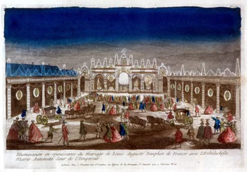 Valaistus Ranskan dauphinin Louis Augusten (Ludvig XVI) ja keisarin sisaren, arkkiherttuatar Marie Antoinetten avioliiton kunniaksi - kaiverrus