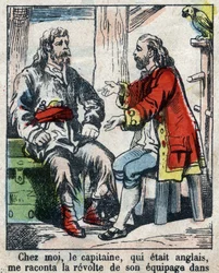 Kuvitus Daniel Defoen kirjaan (De foe) "" Robinson Crusoe"". Epinaalikuvaus 1800-luvun lopulta.