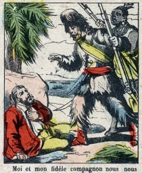 Kuvitus Daniel Defoen kirjaan (De foe) "" Robinson Crusoe"". Epinaalikuvaus 1800-luvun lopulta.
