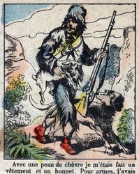 Kuvitus Daniel Defoen kirjaan (De foe) "" Robinson Crusoe"". Epinaalikuvaus 1800-luvun lopulta.