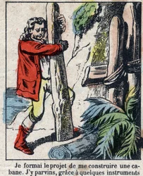 Kuvitus Daniel Defoen kirjaan (De foe) "" Robinson Crusoe"". Epinaalikuvaus 1800-luvun lopulta.