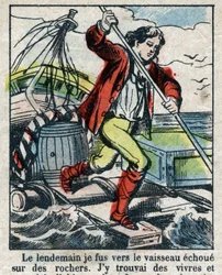 Kuvitus Daniel Defoen kirjaan (De foe) "" Robinson Crusoe"". Epinaalikuvaus 1800-luvun lopulta.