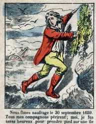 Kuvitus Daniel Defoen kirjaan (De foe) "" Robinson Crusoe"". Epinaalikuvaus 1800-luvun lopulta.