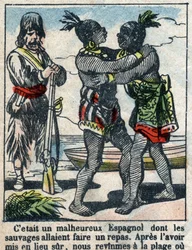 Kuvitus Daniel Defoen kirjaan (De foe) "" Robinson Crusoe"". Epinaalikuvaus 1800-luvun lopulta.