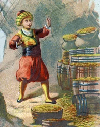 Kuvitus Tuhannen ja yhden yön tarinoihin. Ali Baba (Ali-Baba) astuu kallioon sanoen: Seesami avaa sinut ja näkee kultatynnyreitä. Kromolitografia noin 1890.