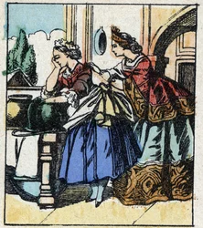 Kuva Charles Perraultin tarinasta "Tuhkimo tai pieni lasitossu". Puukaiverrus Imaging Pellerin - Epinal, sd. 1800-luvun loppu.