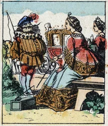 Kuva Charles Perraultin tarinasta "Tuhkimo tai pieni lasitossu". Puukaiverrus Imaging Pellerin - Epinal, sd. 1800-luvun loppu.