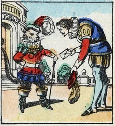 Kuva Charles Perraultin tarinasta "Kissa Botte". Puukaiverrus Imaging Pellerin - Epinal, sd. 1800-luvun loppu.