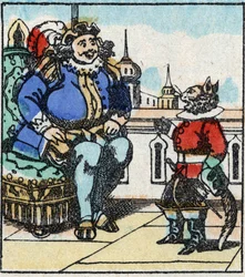 Kuva Charles Perraultin tarinasta "Kissa Botte". Puukaiverrus Imaging Pellerin - Epinal, sd. 1800-luvun loppu.