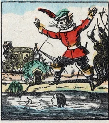 Kuva Charles Perraultin tarinasta "Kissa Botte". Puukaiverrus Imaging Pellerin - Epinal, sd. 1800-luvun loppu.