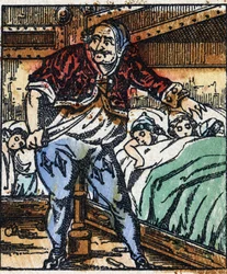 Kuva Charles Perraultin "" Le petit poucet "" -tarinasta. Puukaiverrus Imaging Pellerin - Epinal, sd. 1800-luvun loppu.