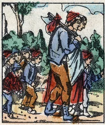 Kuva Charles Perraultin "" Le petit poucet "" -tarinasta. Puukaiverrus Imaging Pellerin - Epinal, sd. 1800-luvun loppu (kaiverrus)